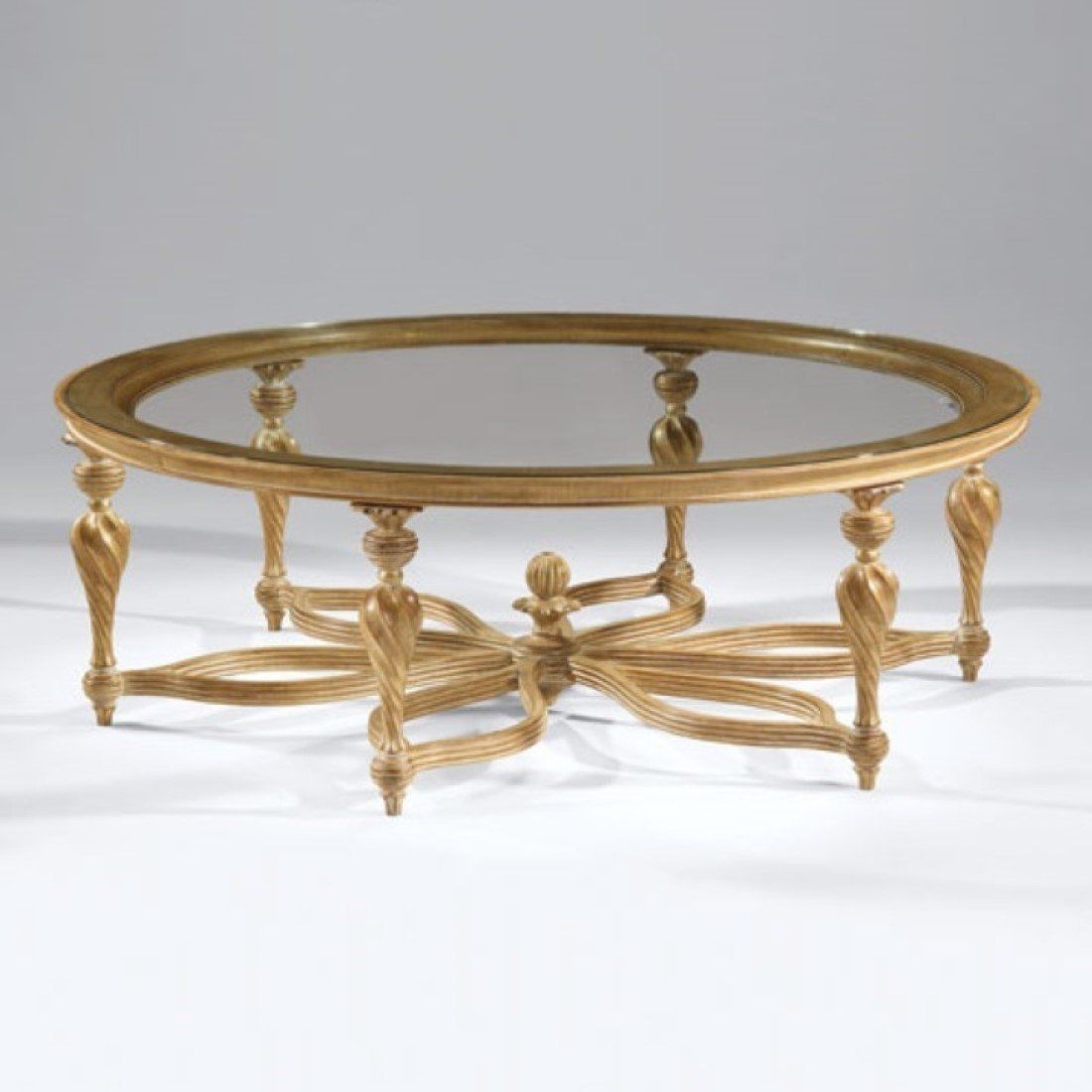 Round wood coffee table with glass top
