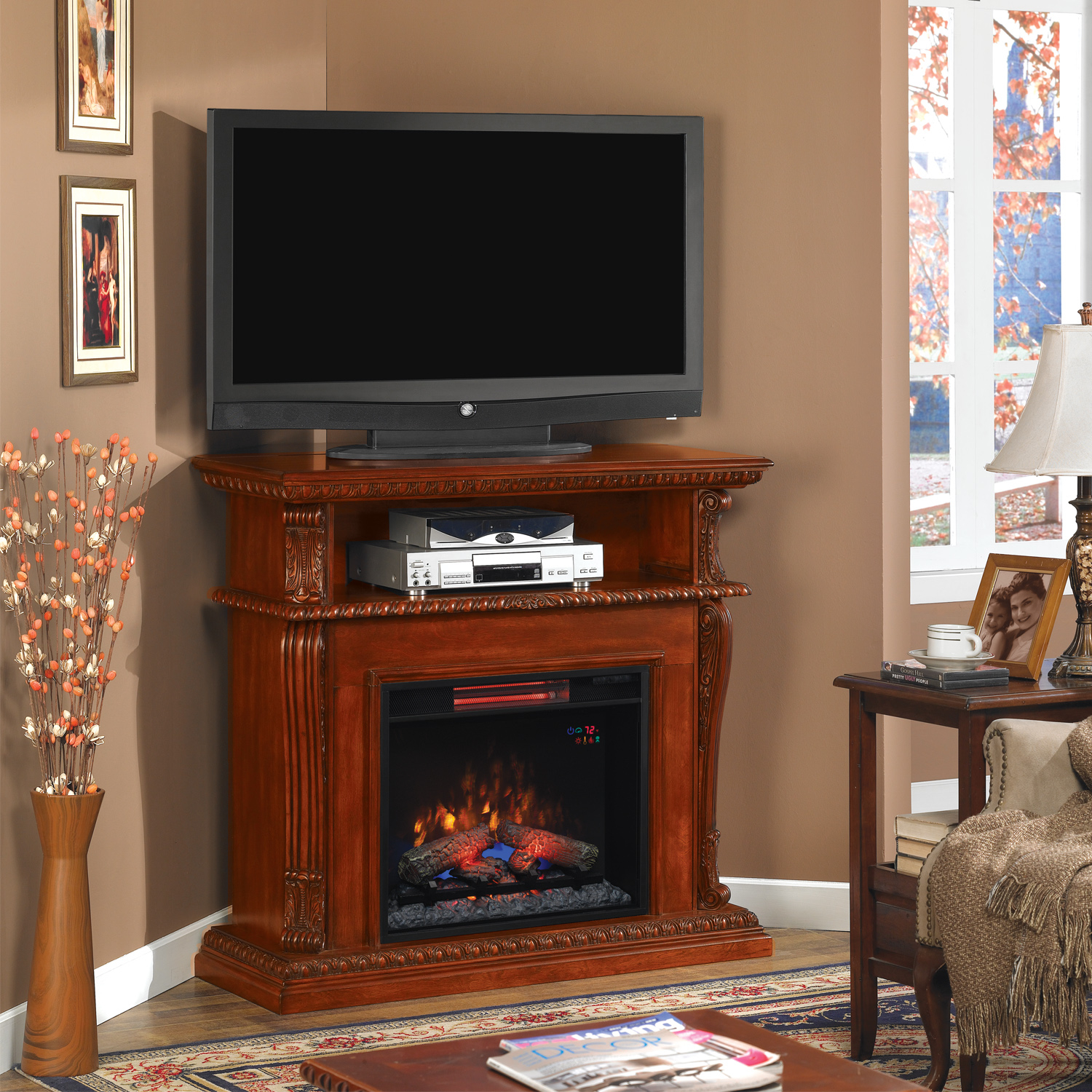 Corner electric fireplace insert