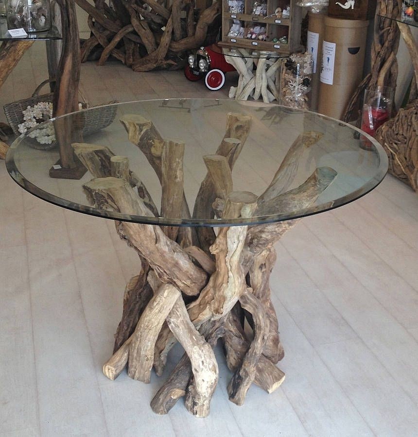 Elegant Round Glass Dining Table with Rustic Wood Base