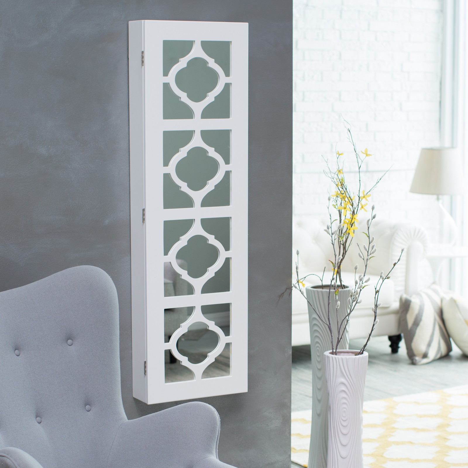 Belham living lighted locking quatrefoil wall mount jewelry armoire high