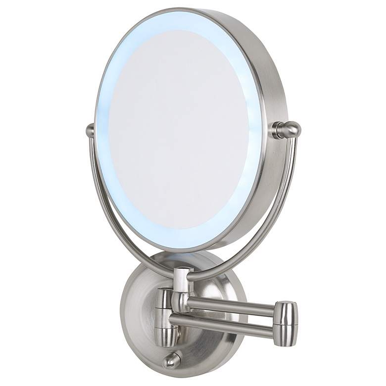 Cordless LED Pivoting 9" Wide Satin Nickel Wall Mount Mirror