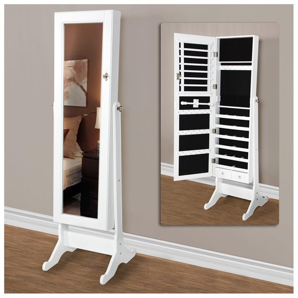 White Mirrored Jewelry Cabinet Amoire W Stand Mirror Rings Necklaces Bracelets