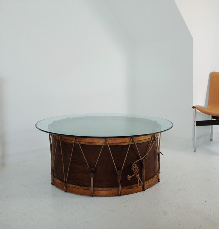 Bentwood marching band base drum coffee table w glass top
