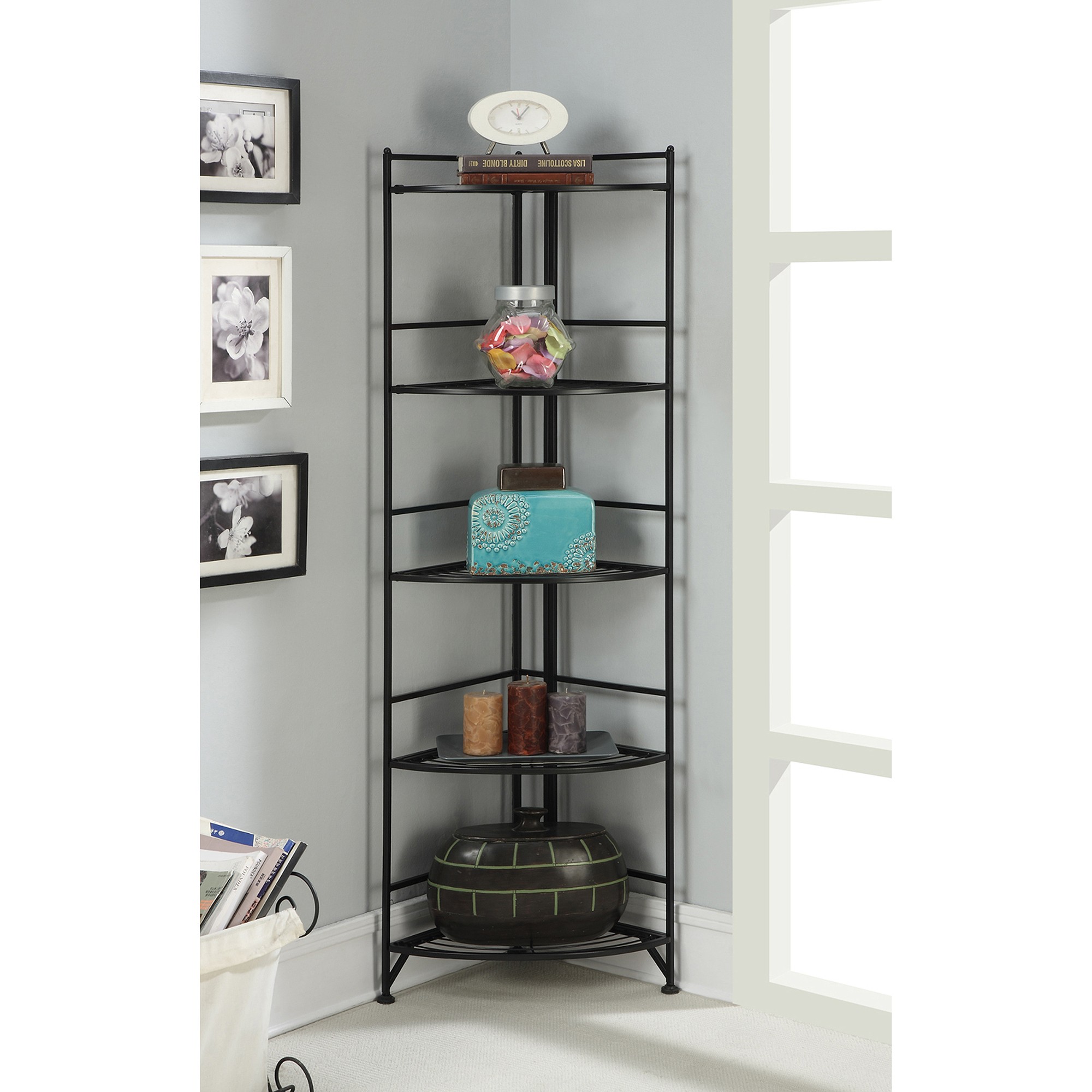 Convenience Concepts  5 Tier Folding Metal Corner Shelf, Black Finish