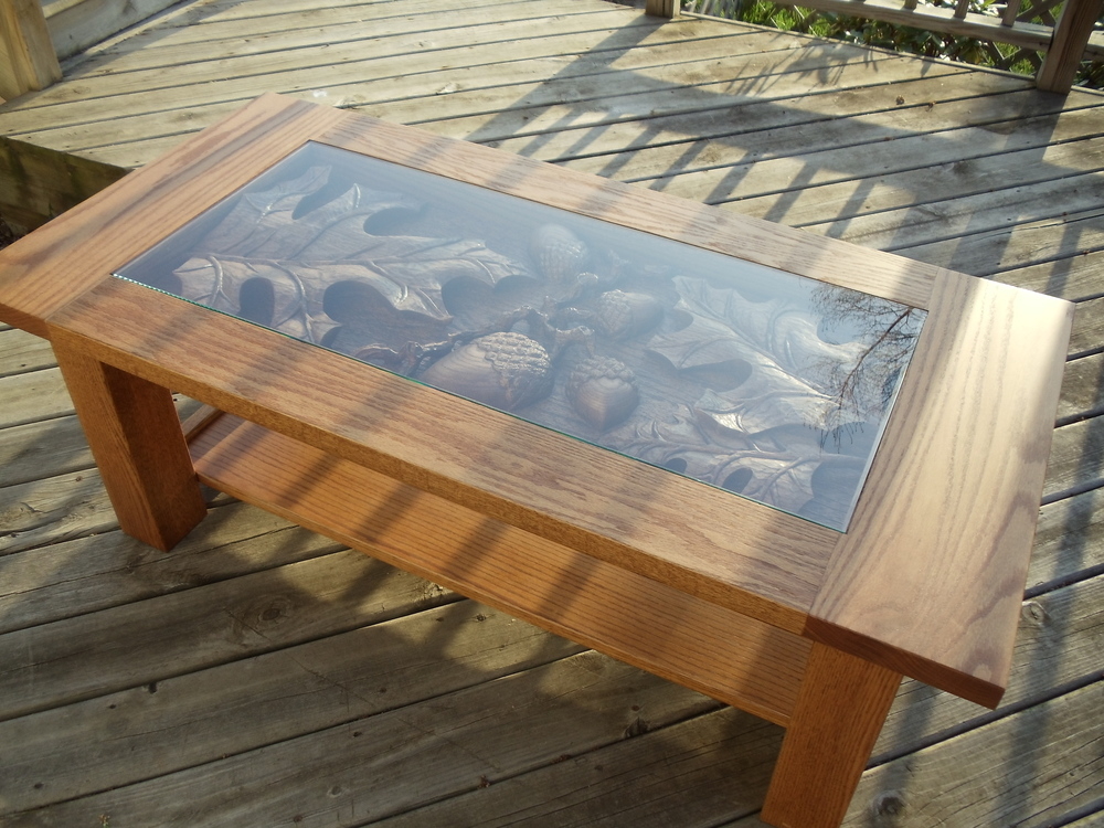 Rustic oak leaf acorn coffee table