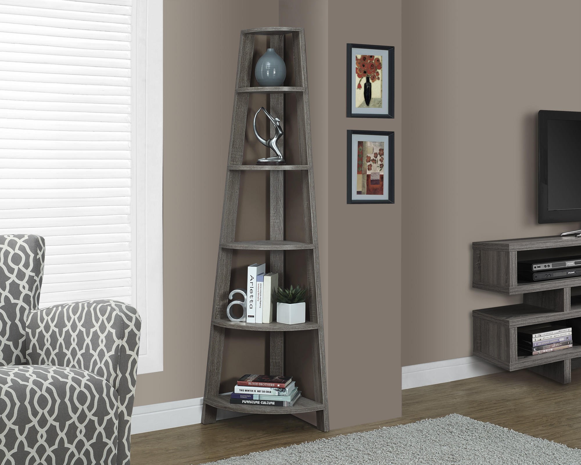 Monarch Specialties Dark Taupe Reclaimed-Look Corner Accent Etagere, 72-Inch