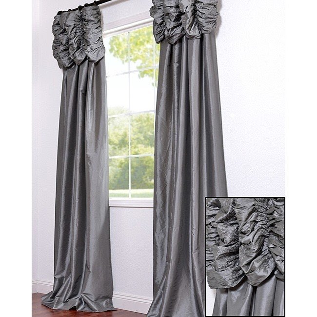 Platinum Embroidered Ruched Faux Silk Taffeta Header Curtain Panel