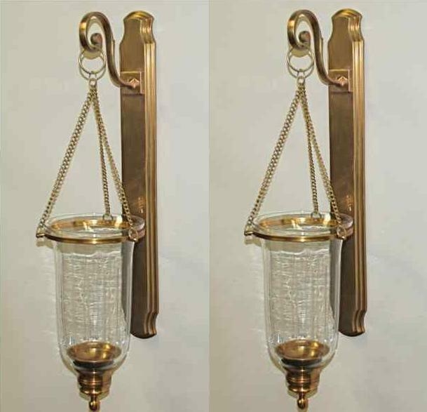 Set 2 Antique Brass Clear Glass Hanging Hurricane Candle Sconce Wall Mount S 2