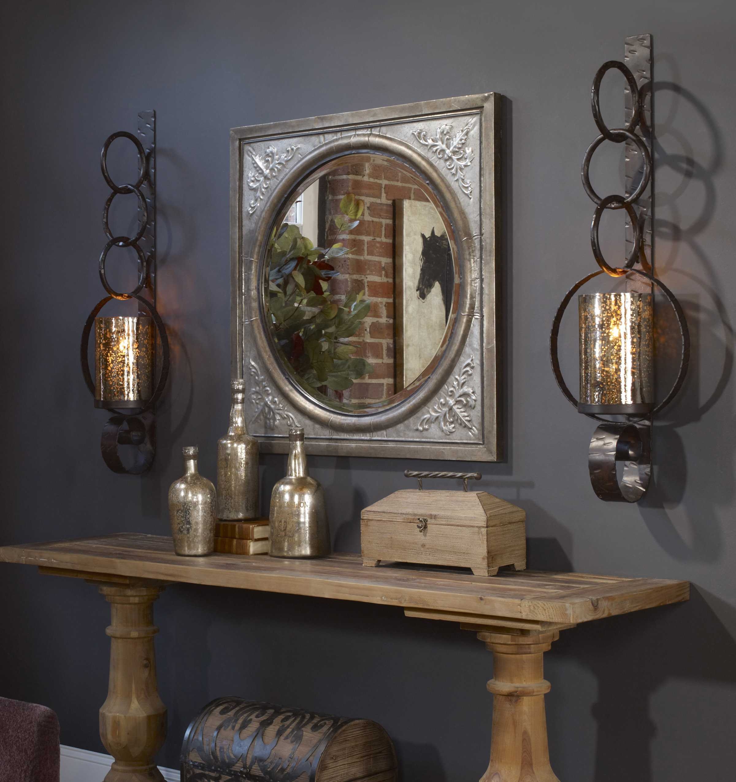 Two Huge 39 Rudt Brown Metal Mercury Glass Wall Sconce Candle Holder Hurricane