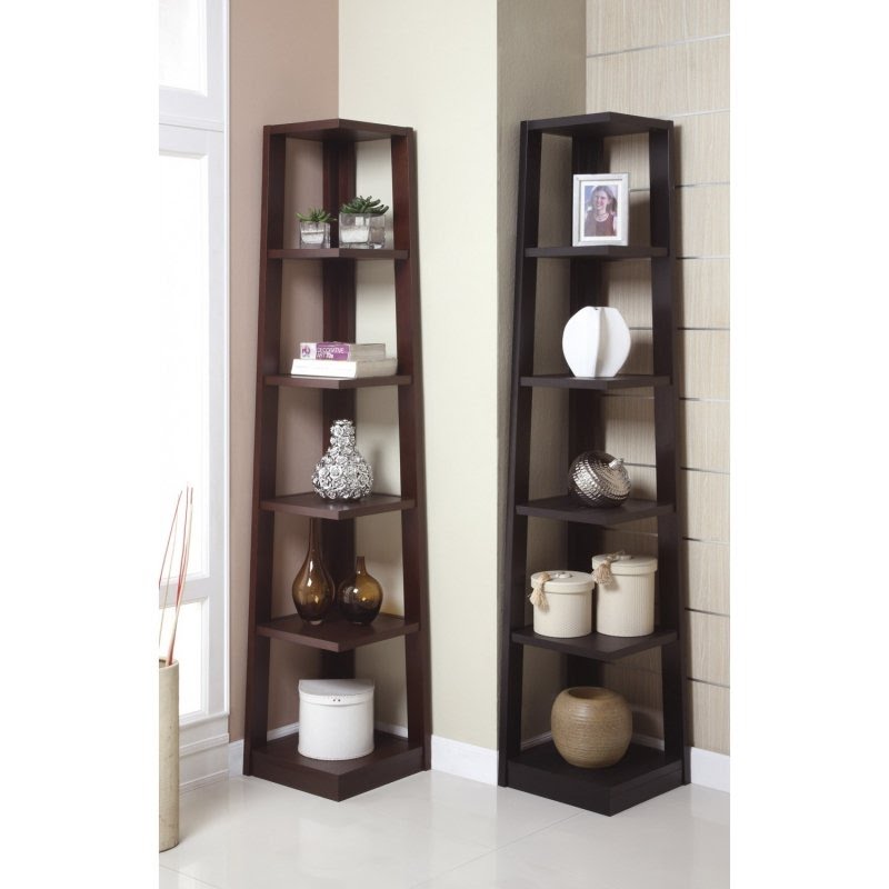 Walnut Finish Wood Wall Corner 5 Tiers Shelves Bookshelf Case