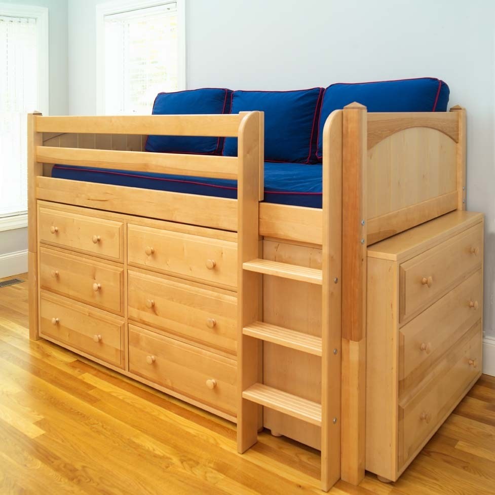 Twin Low Loft Bed in Natural Finish with Six & Three-Drawer Dressers Underneath