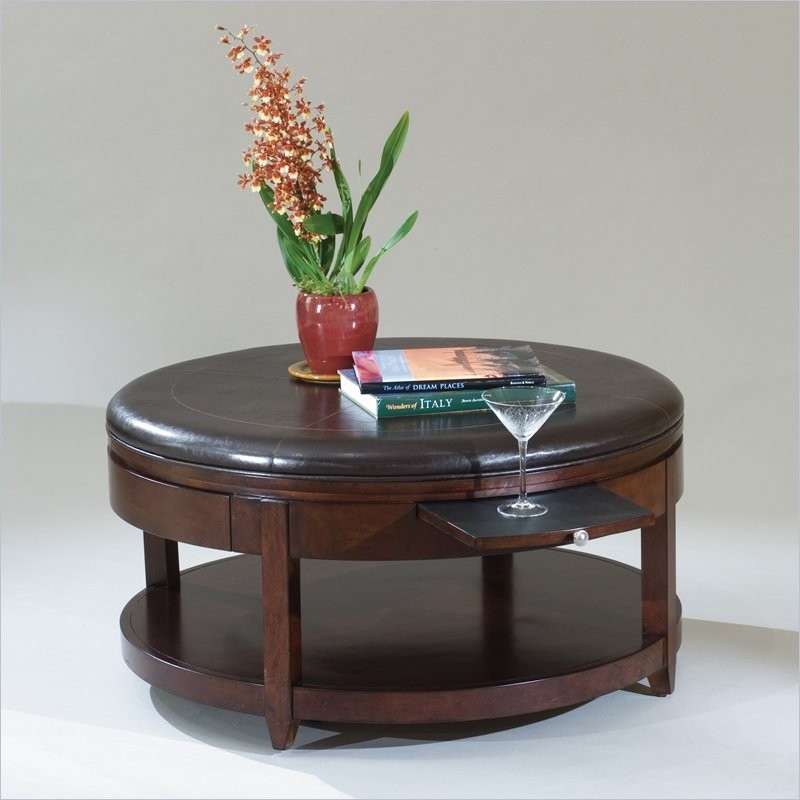 Ottoman Coffee Table Synthetic Leather Hardwood Chair Trays Footrest Round New