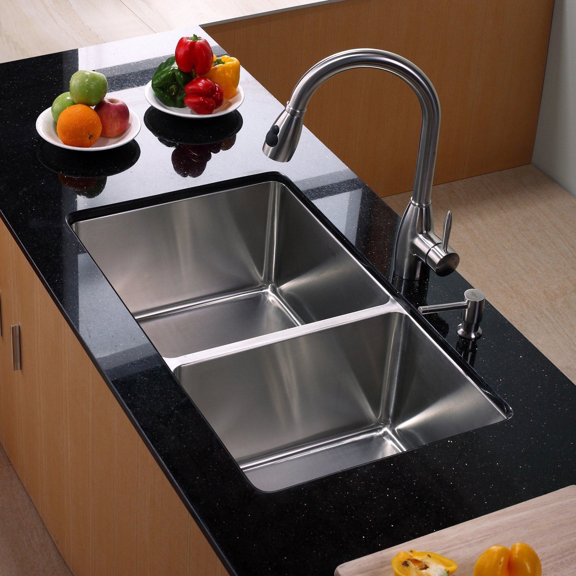 32.75" x 19" Undermount Double Bowl Kitchen Sink with Kitchen Faucet and Soap Dispenser