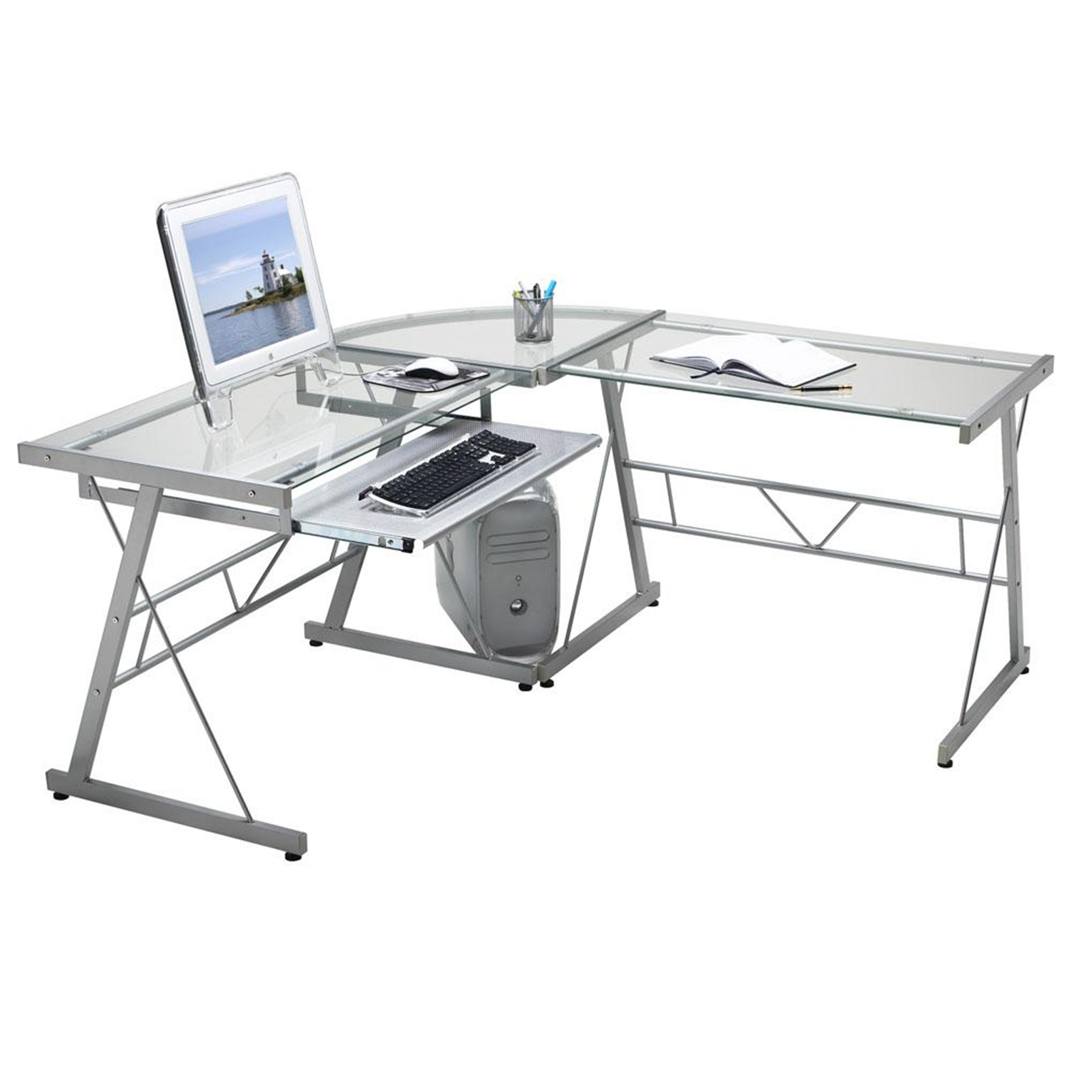L shaped glass desk with drawers