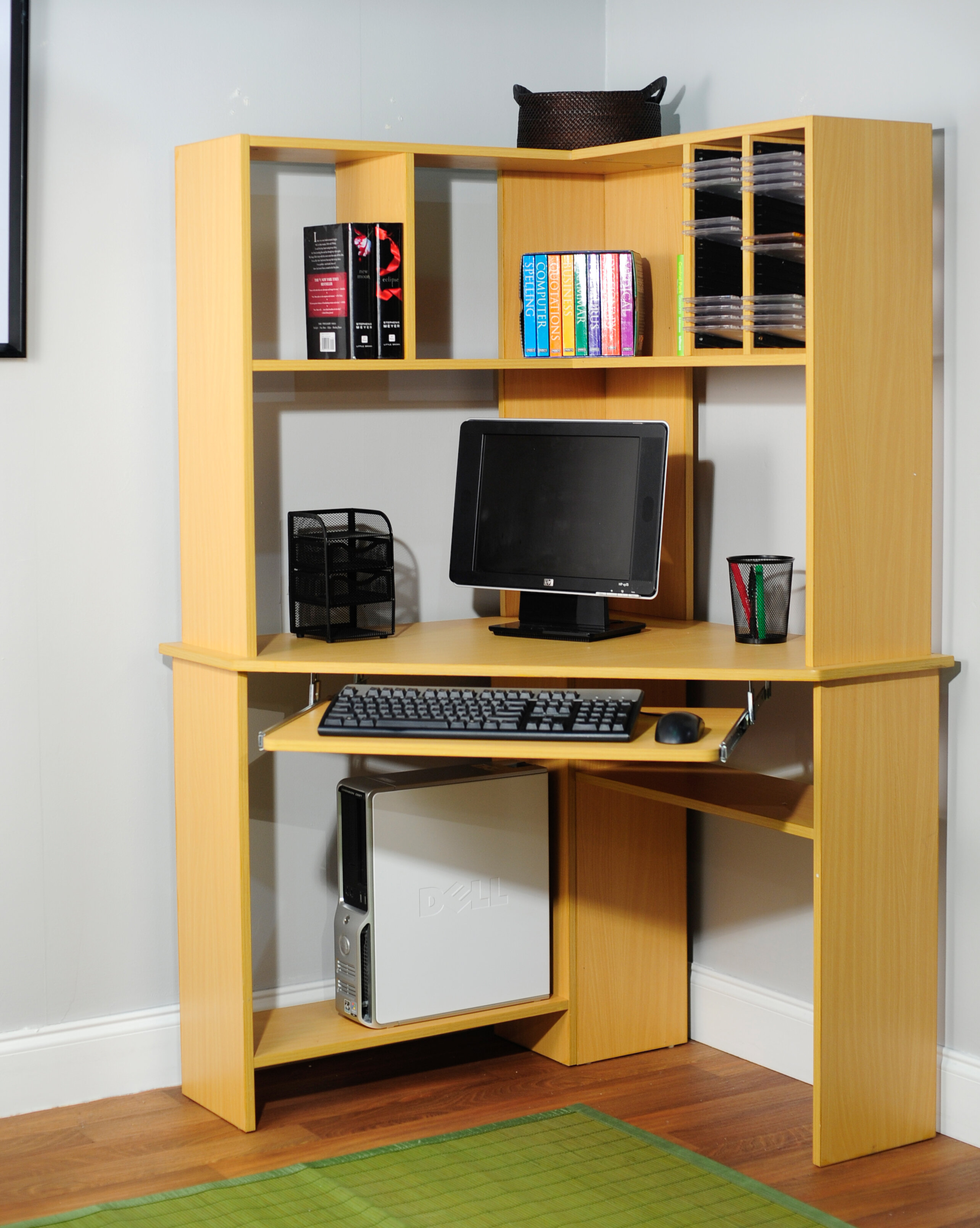 Corner Computer Desk Hutch Modern Dorm Office Home Storage Cd Dvd Book Natural