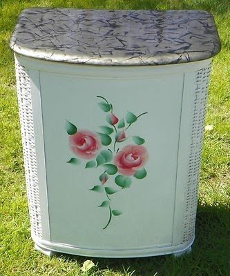 Vintage eames era floral metal wicker clothes hamper pearl wick