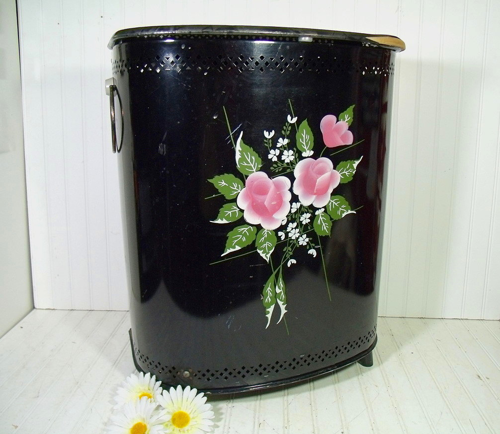 Vintage hand painted pink roses on black