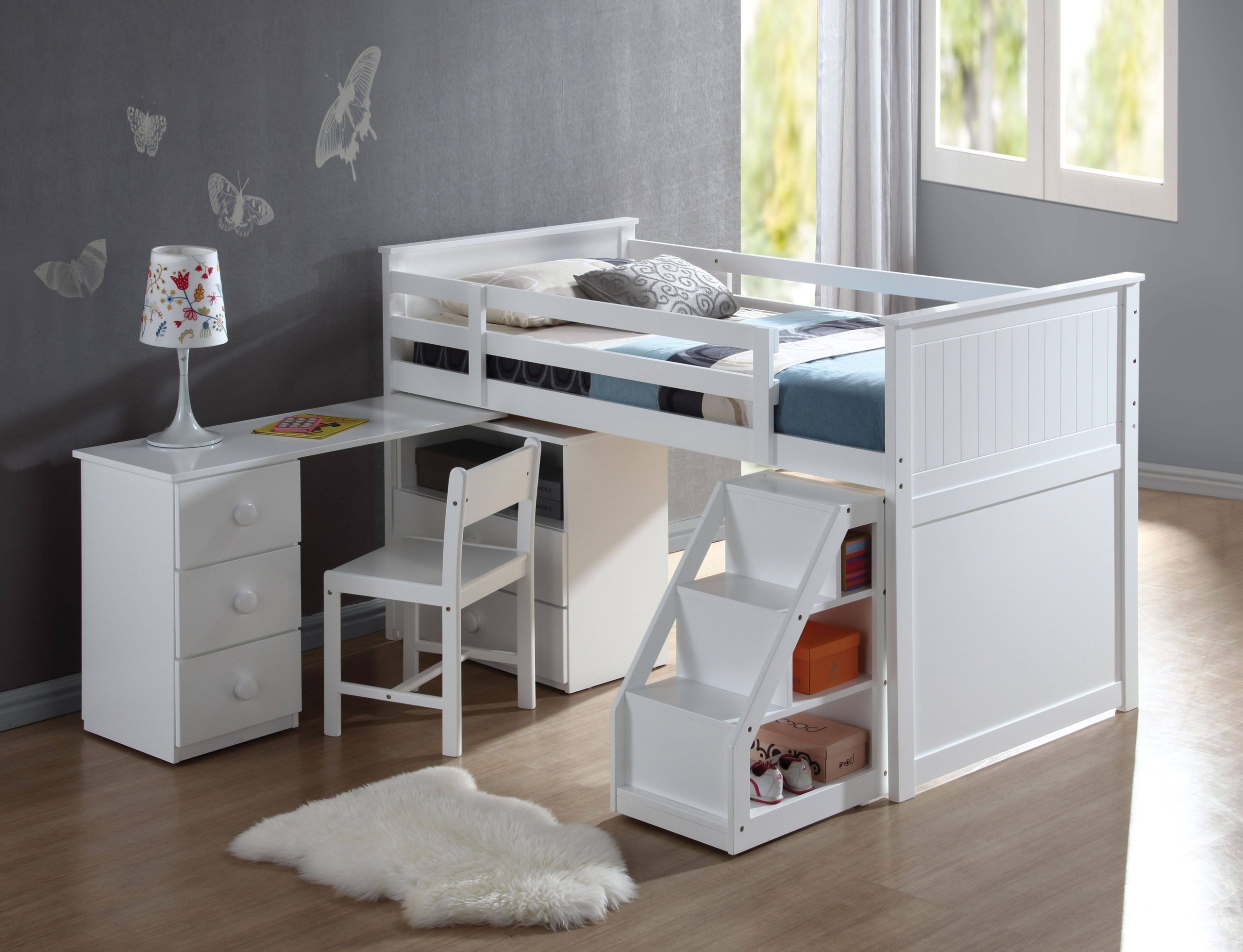 Wyatt white finish wood twin size loft bed with pull out desk work station underneath and slide out stairs with storage
