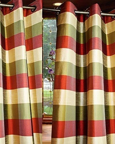 Gold,Green Red buffalo checks faux silk grommet/eyelets lined window curtain panel drape