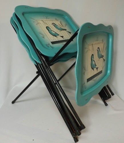Set 4 Mid Century Metal Folding Tv Tray Tables Aqua Birds In Cage