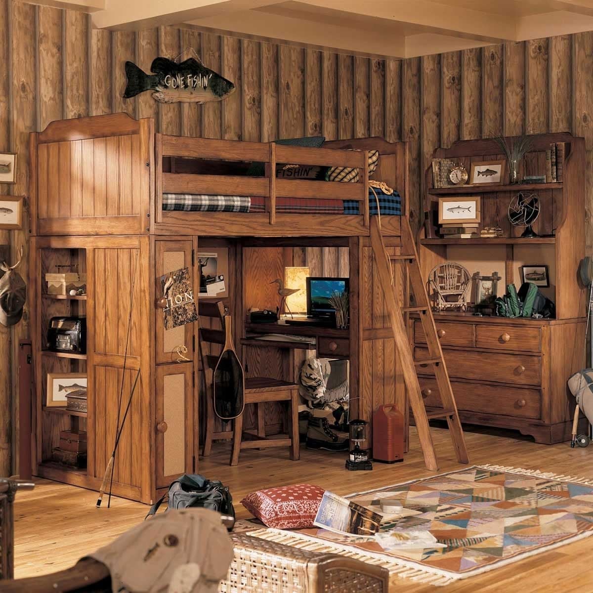 Wooden bunk bed with desk