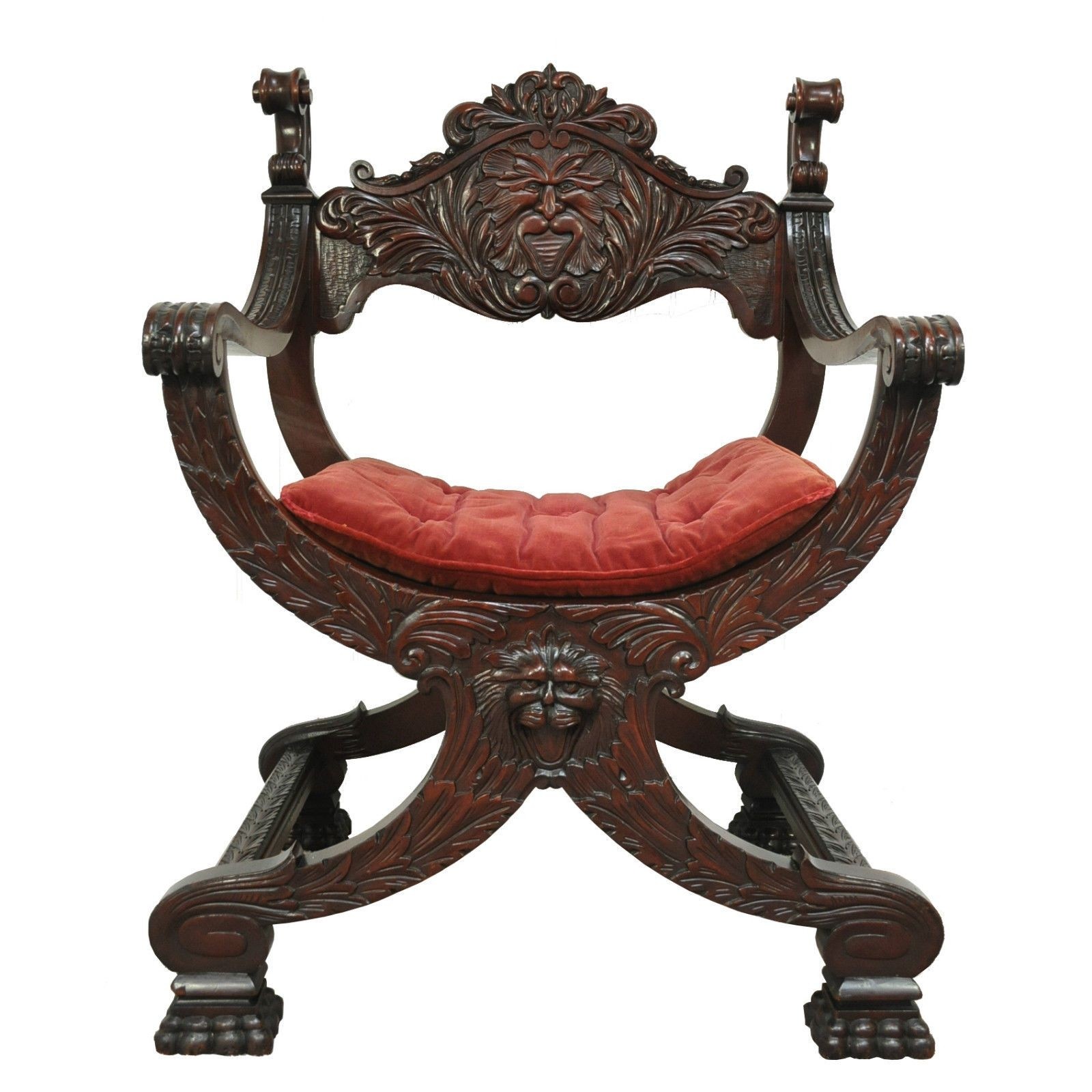 Antique carved mahogany north wind face curule throne chair