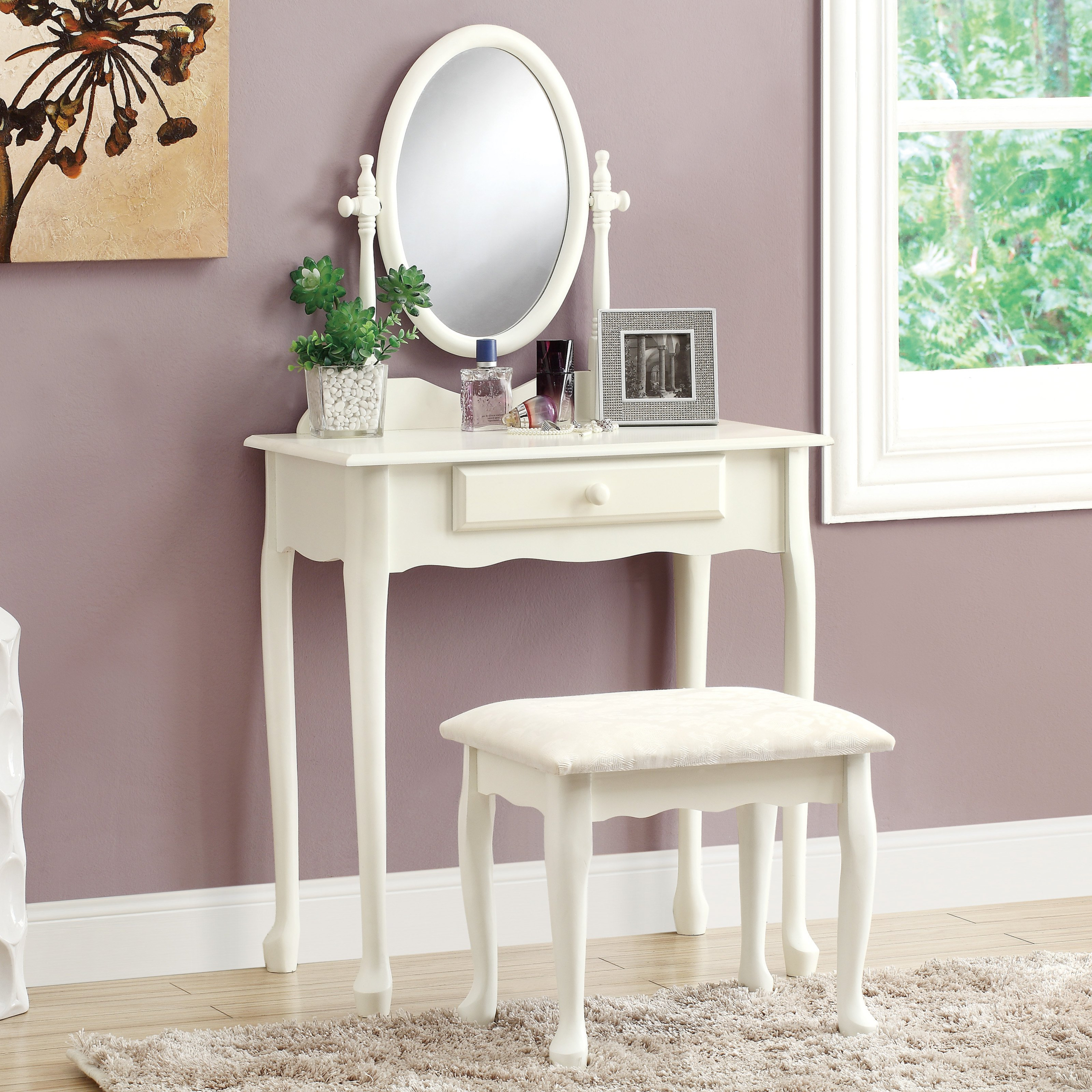 Antique White Vanity Set With Stool