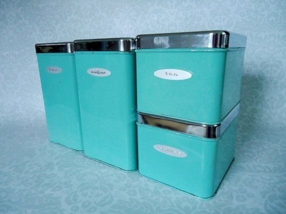Turquoise kitchen tin canister set 1950s