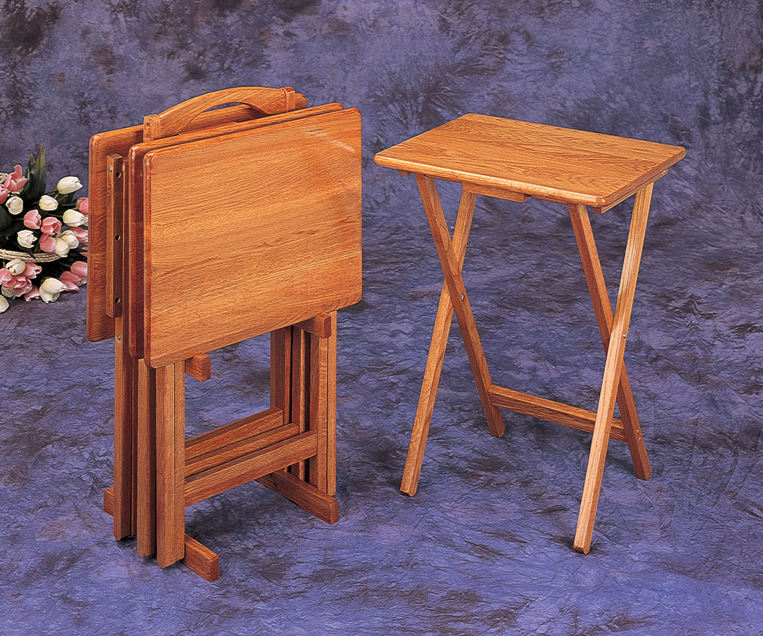 4 Pc Oak Finish Wood Tv Tray Table Set With Stand