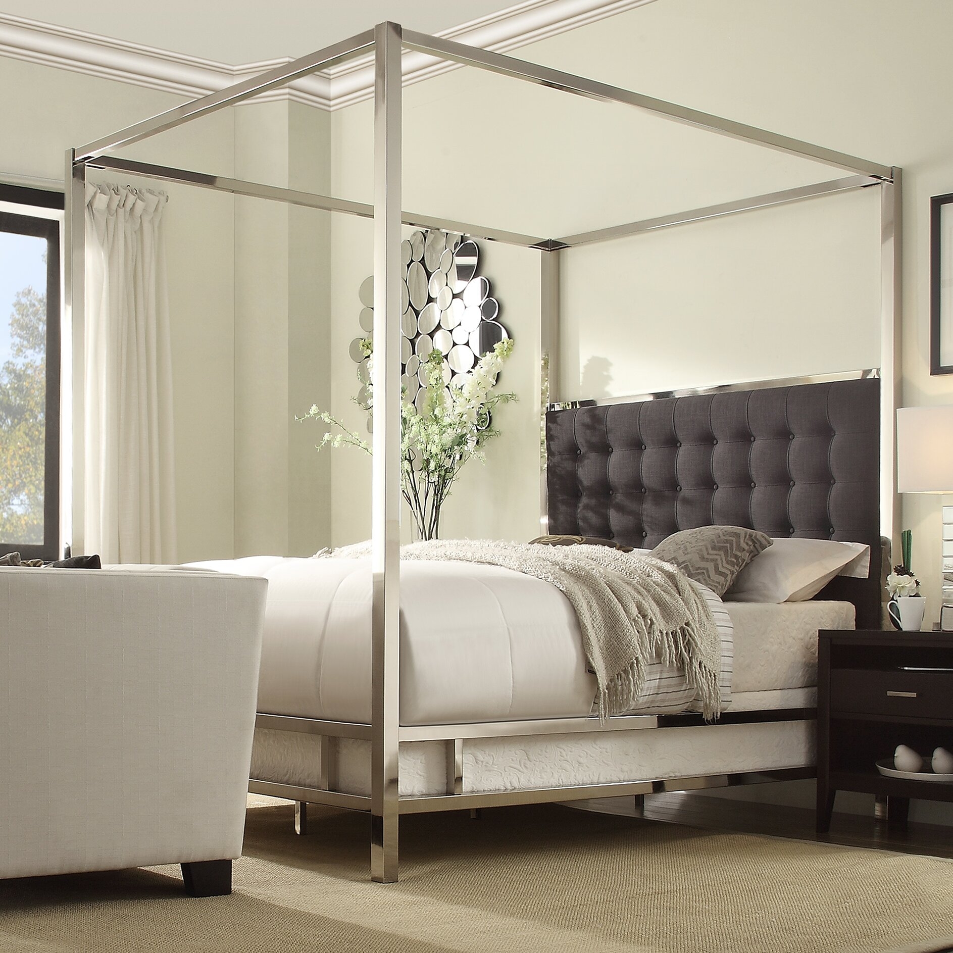 Inspire Q Solivita Dark Gray Linen Button Tufted Metal Poster Bed
