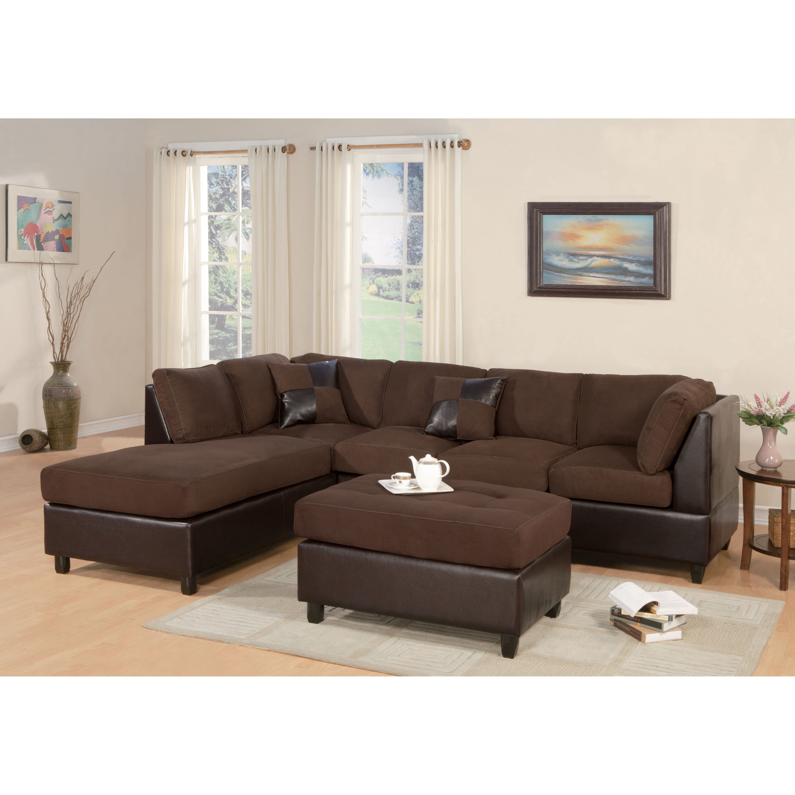 Poundex bobkona 3 piece 112 microfiber sectional sofa in chocolate