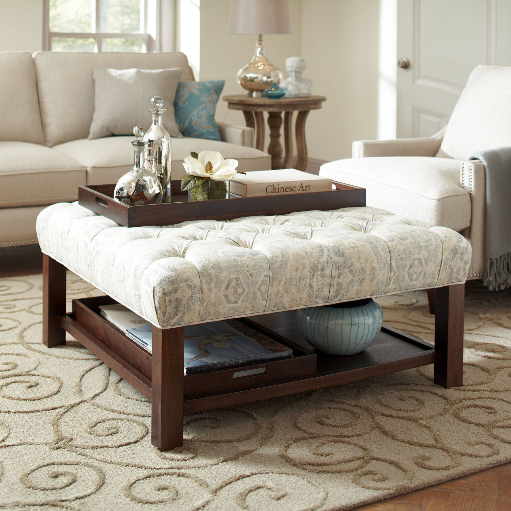 Tufted ottoman with shelf 12