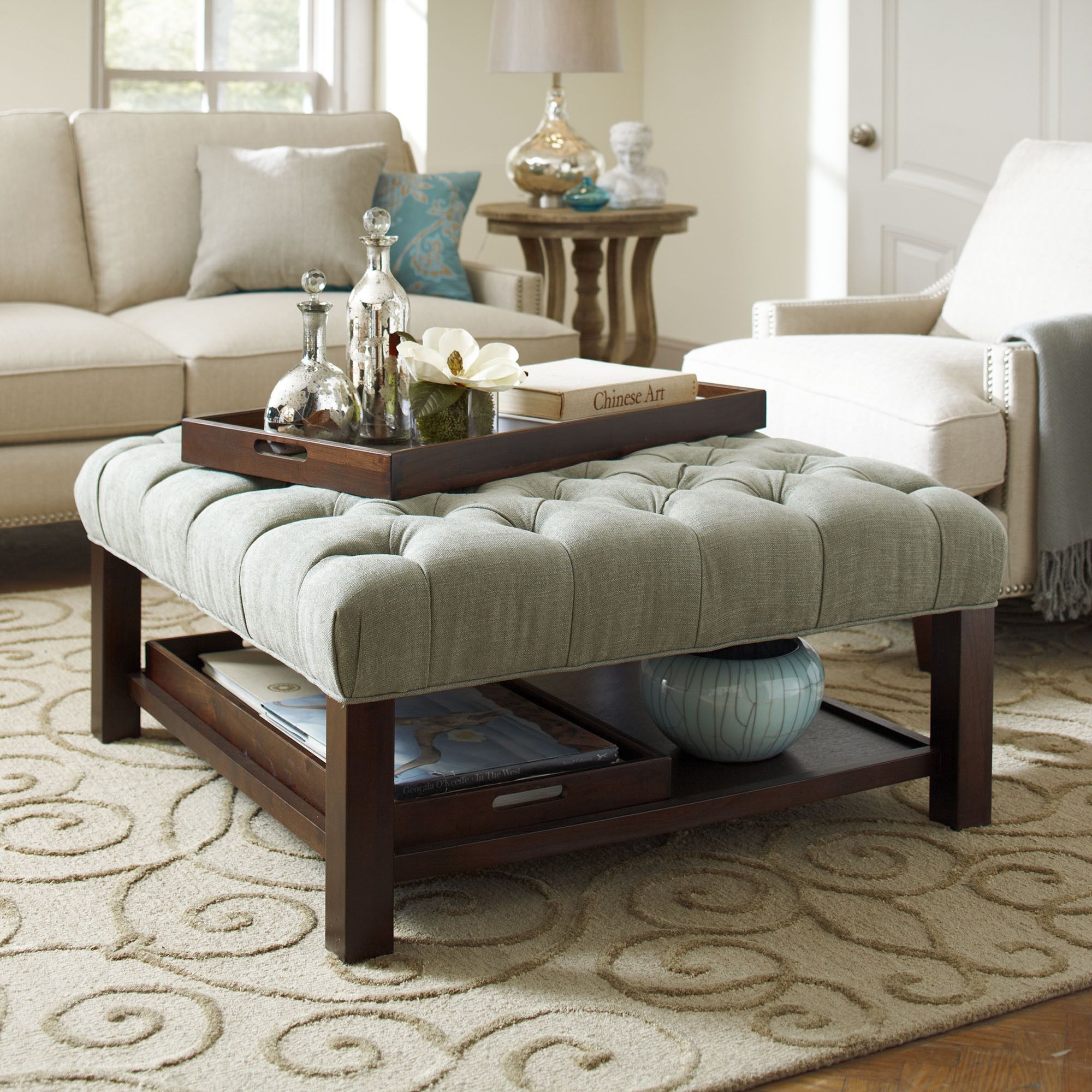 Tufted ottoman with shelf