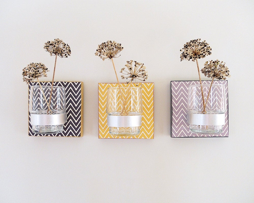 Wall decor flower vase sarva chevron yellow lavender by pigandfish
