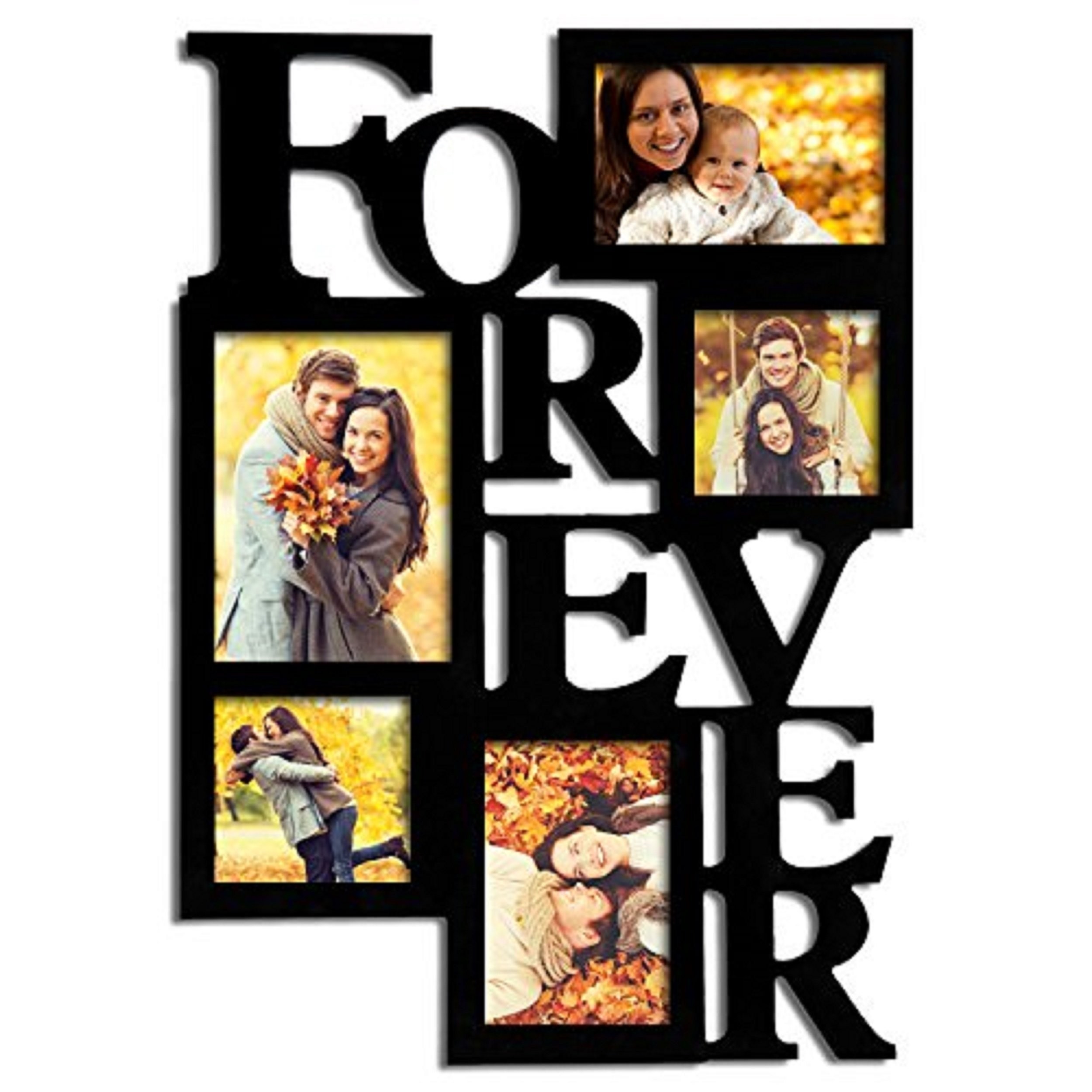 Adeco 5-Opening Decorative Wood "Forever" Collage Wall Hanging Picture Frame, 5 by 7-Inch/4 by 6-Inch/4 by 4-Inch, Black
