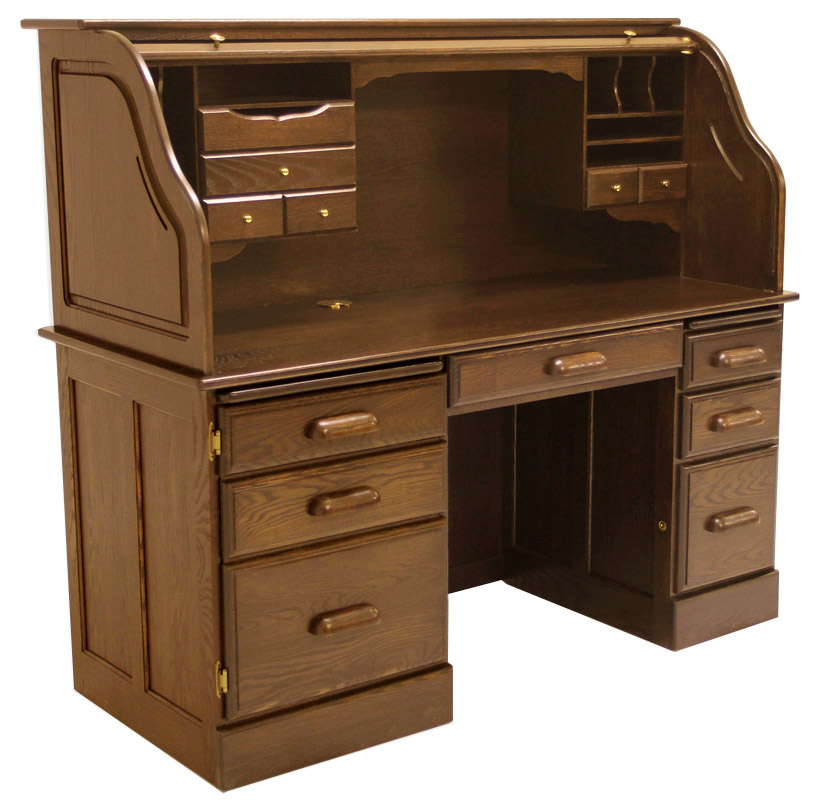 Solid Oak Rolltop Computer Desk in Briar Finish - In Stock