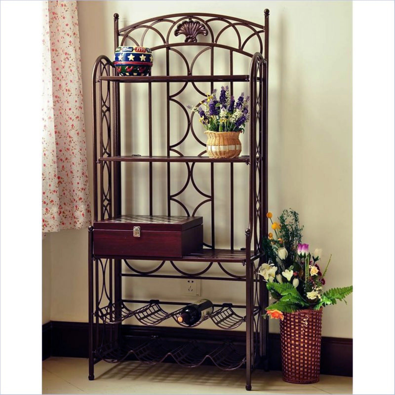 Traditional Indoor/Outdoor Wrought Iron Bakers Rack with Wine Storage, Metal, Bronze