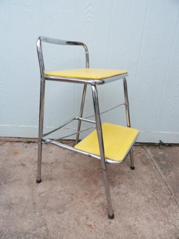Vintage utility step stool chrome yellow metal retro kitchen folding