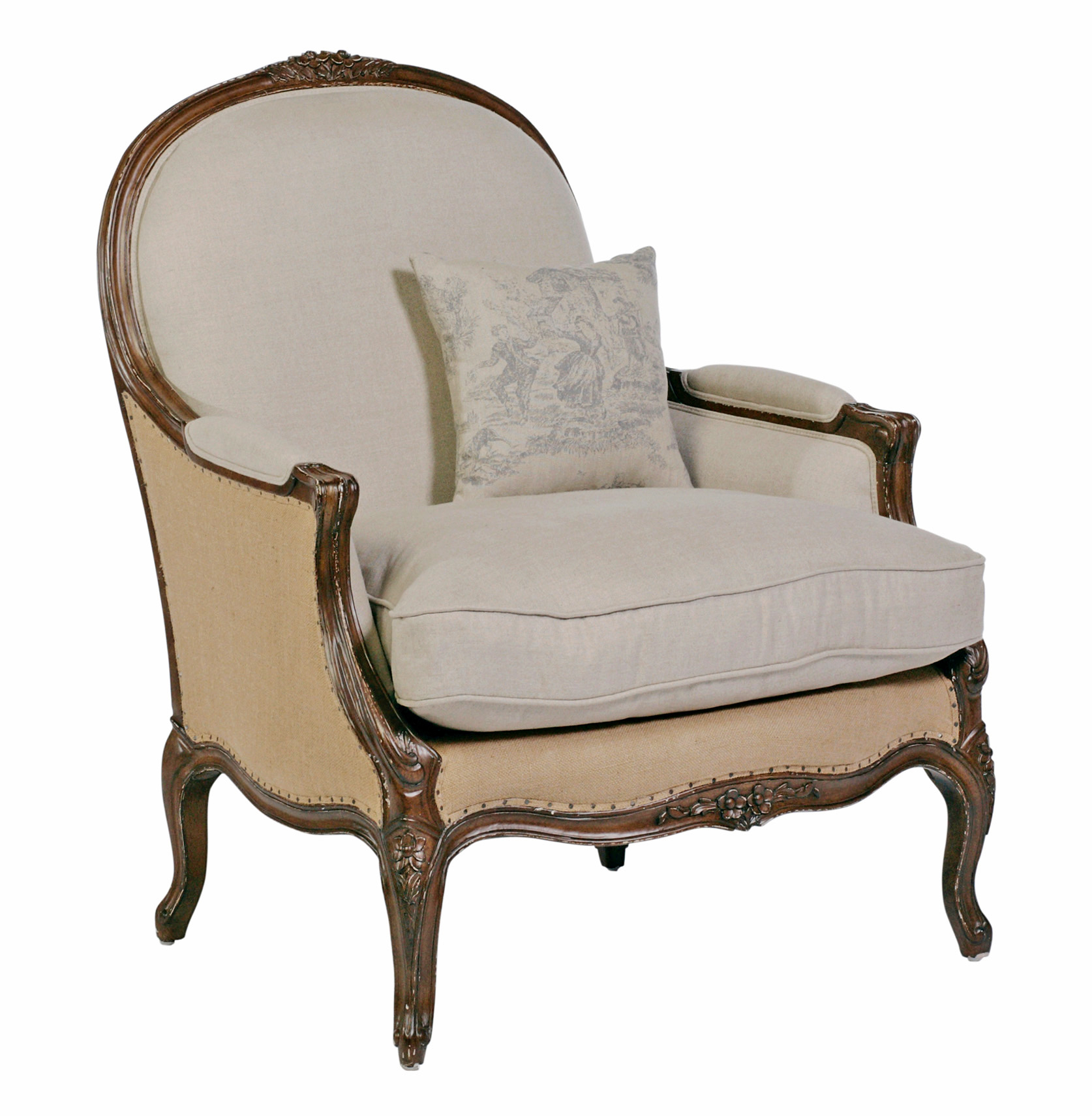 Classic Beige Oversized Armchair with Wooden Frame
