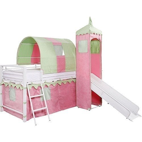 Girl's Castle Tent Loft Bed w/ Slide & Under Bed Storage, Girl's Castle Tent Loft bed is fit for a Princess. It features a slide, a tent over a twin bed, and a covered hiding place below. Finish is White powder coat with pink and green microfiber fabric.