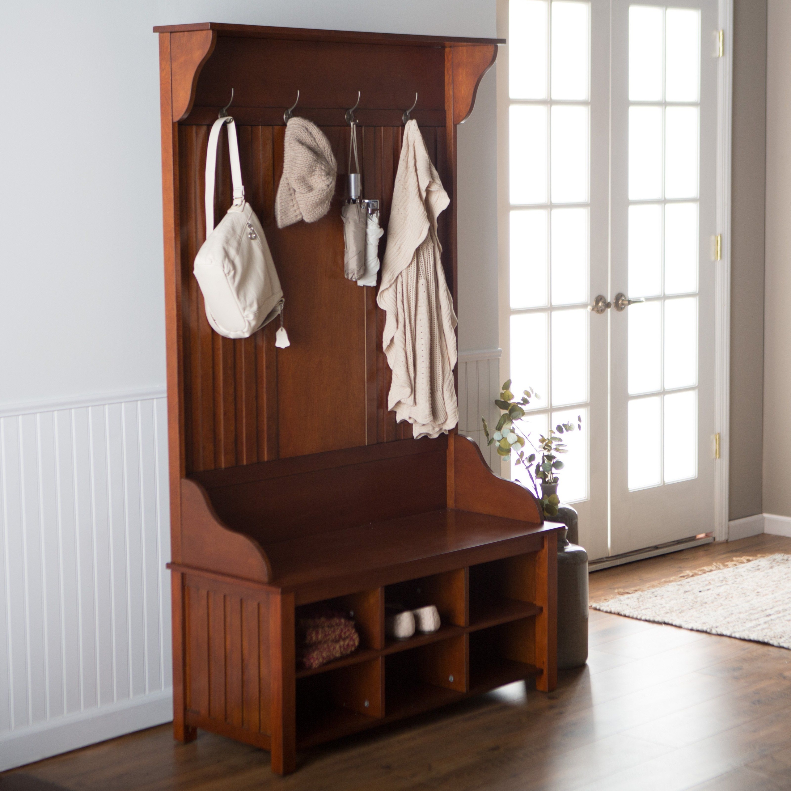 Wooden shoe rack with seat