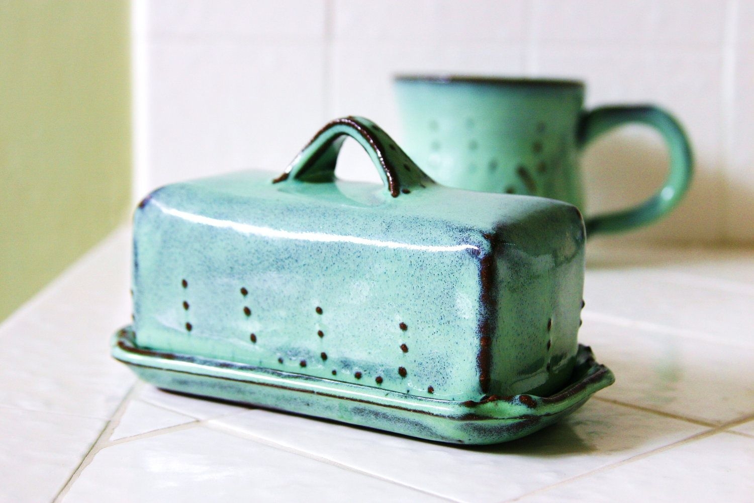 Covered butter dish aqua turquoise mist