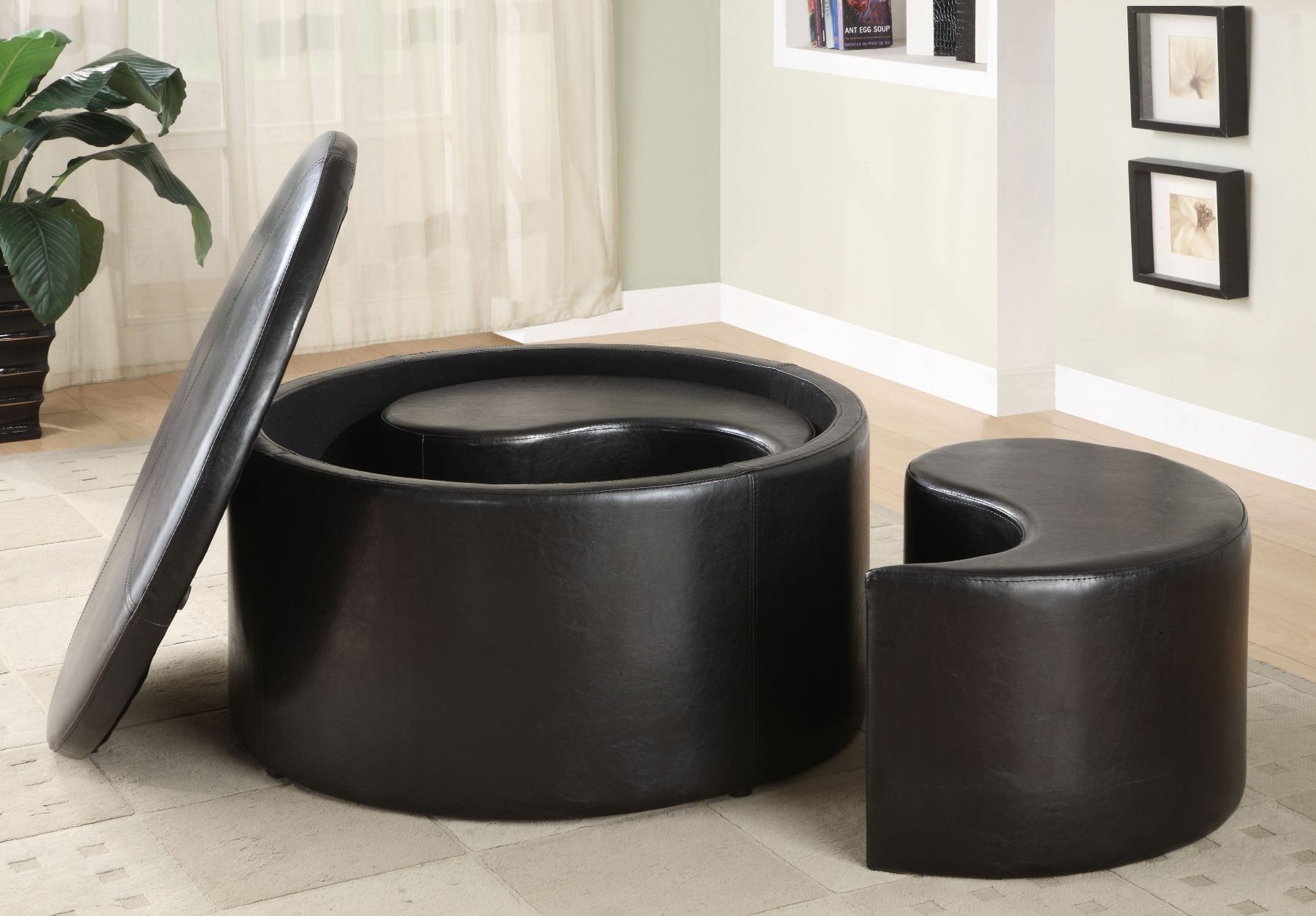 Houston 36x36 round storage cocktail table w 2 kidney ottomans