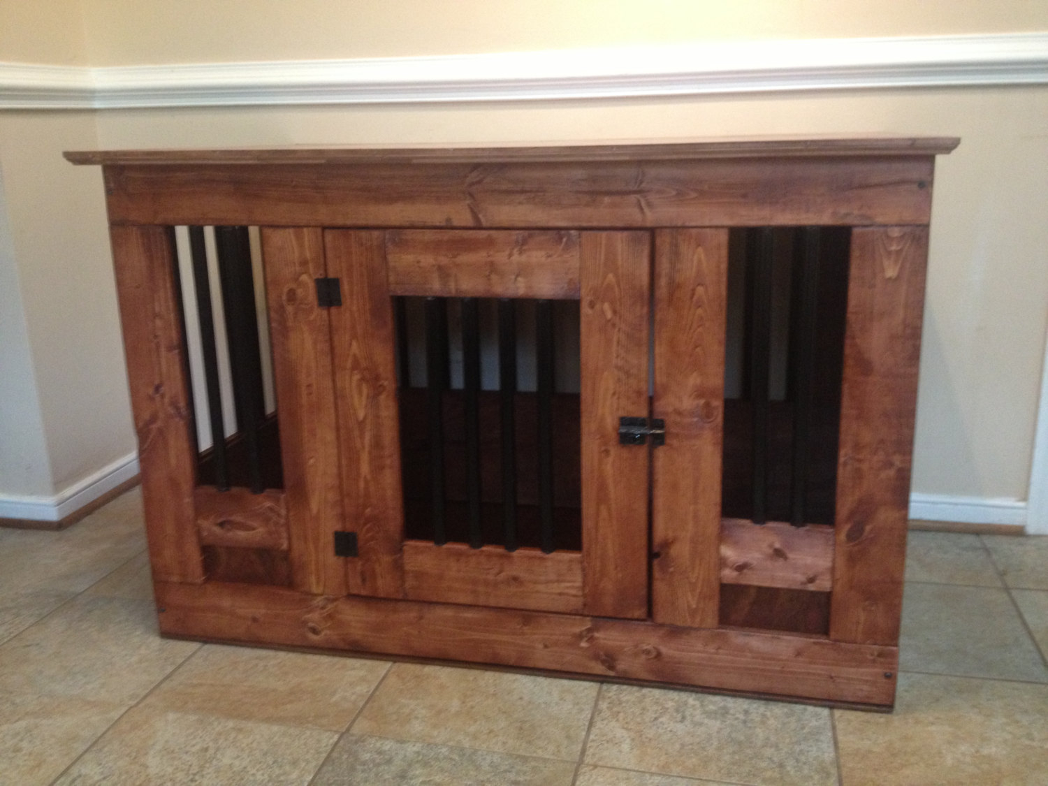 Wooden dog crate with metal bars