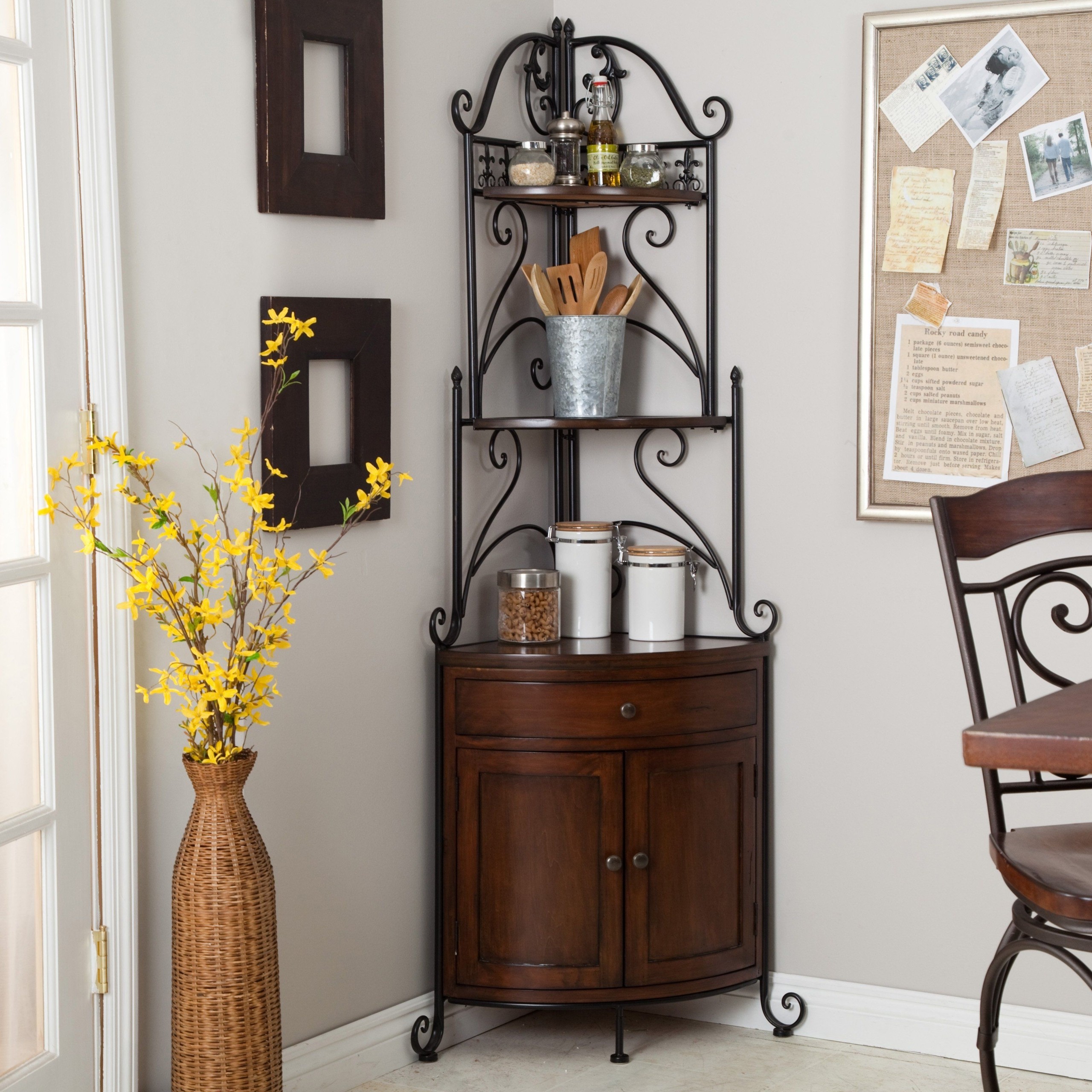 Corner Wrought Iron Bakers Rack Metal Wood Kitchen Cabinet Shelf Storage New