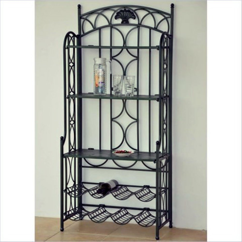 International Caravan International Caravan Chelsea Indoor/Outdoor Wrought Iron Wine Rack Bakers Rack - Pewter, Wrought Iron