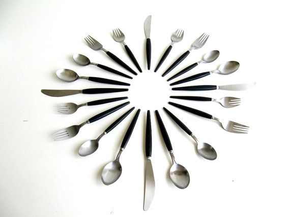 Mid century mod black handle flatware 48 pc set vintage