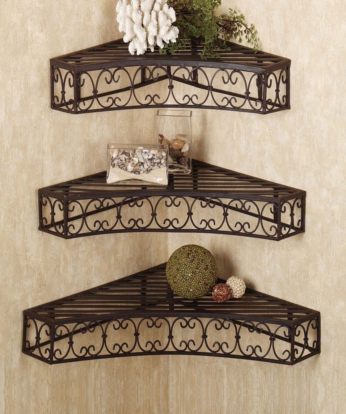 Tuscan Wrought Iron Metal Corner Wall Shelves Set of 3