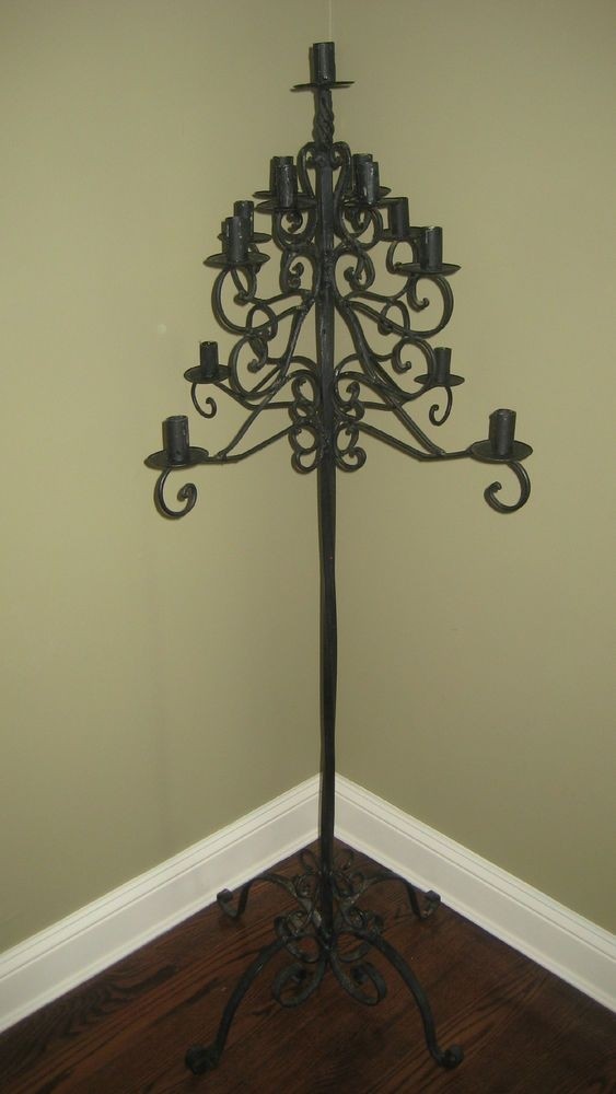 Large Vtg Wrought Iron Floor Candle Holder Mexican Mission Gothic Candelabra