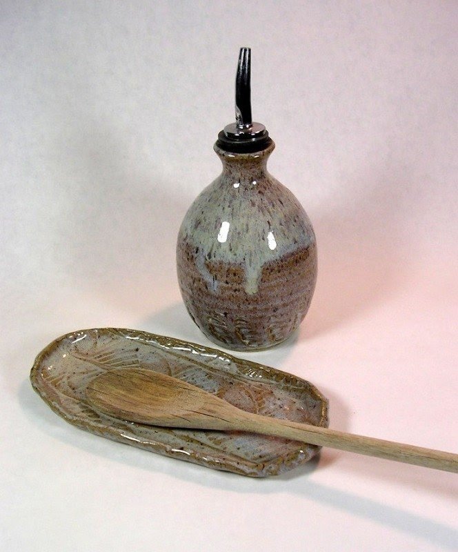 Olive oil cruet and spoon rest set